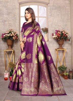 SIDDHESHWAR Self Design Assam Silk Lycra Blend Saree(Purple)