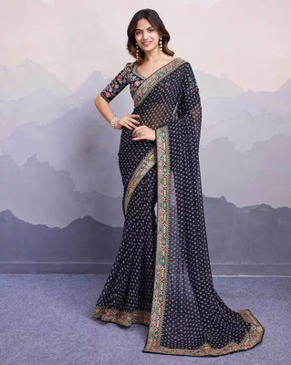 Yozzby Printed Bandhani Georgette Saree(Black)