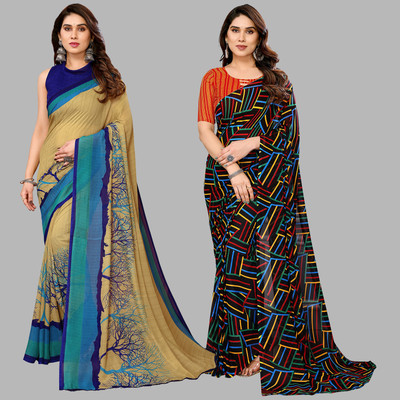 kashvi sarees Self Design, Printed Daily Wear Georgette Saree(Pack of 2, Beige, Blue, Multicolor)