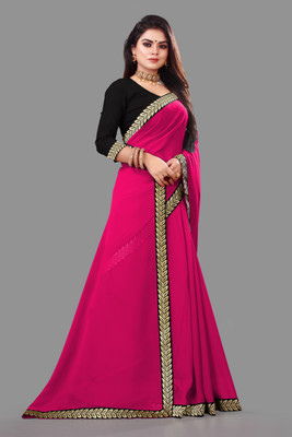 pari creation Solid/Plain Bollywood Georgette, Lace Saree(Pink, Black)