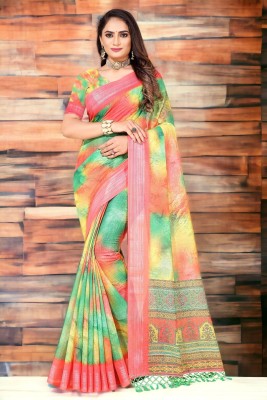Raghav Silk Studio Printed Bollywood Cotton Linen Saree(Multicolor)