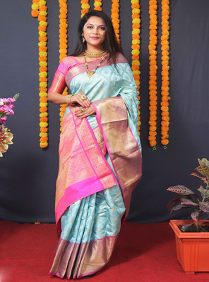 SGF11 Self Design Handloom Pure Silk Saree(Light Blue)