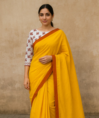 SMRITI HANDLLOM Solid/Plain Bollywood Handloom Pure Cotton Saree(Yellow, Red)