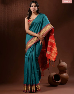 matri textile Color Block Handloom Cotton Silk Saree(Dark Green)