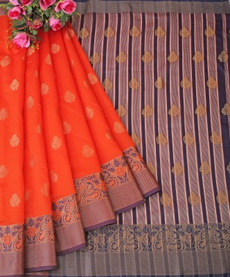 Indian Fashionista Woven Kanjivaram Silk Blend Saree(Orange)