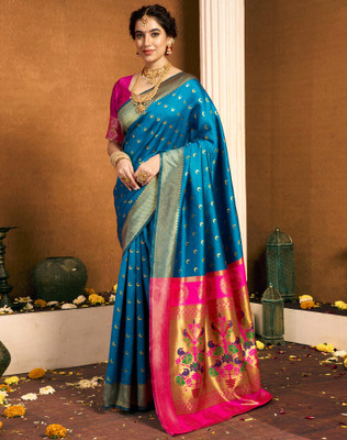 Divastri Woven, Embellished Paithani Silk Blend, Jacquard Saree(Blue)