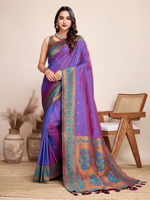 Yogik Creation Floral Print Banarasi Art Silk Saree(Purple)
