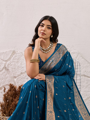 DOI MOI Woven Banarasi Nylon Saree(Blue)