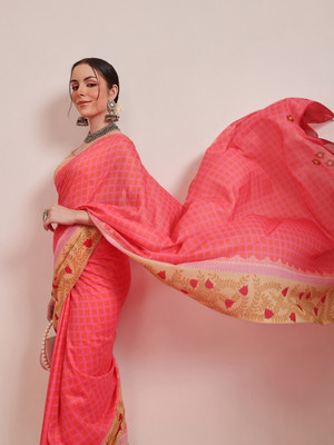 SILK ZONE Color Block Bollywood Mulmul Saree(Pink)