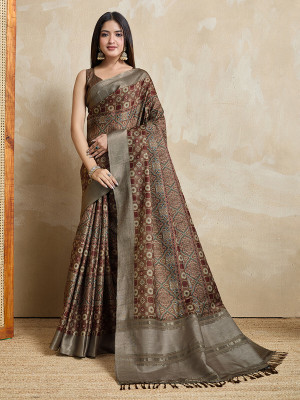 Divastri Digital Print, Printed Bollywood Tussar Silk Saree(Brown)