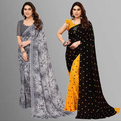 kashvi sarees Floral Print, Polka Print, Ombre, Printed Bollywood Georgette Saree(Pack of 2, Yellow, Black, Grey)