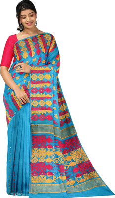 PuJoy Self Design Jamdani Cotton Blend Saree(Dark Blue)