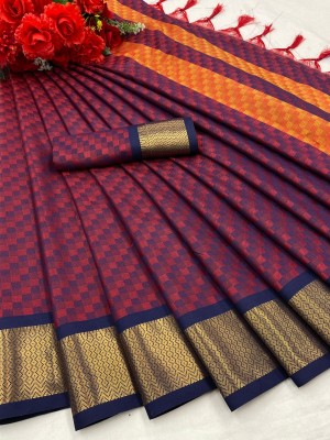 RUHKRUSH Woven, Embellished, Self Design Baluchari Cotton Silk, Jacquard Saree(Red, Dark Blue)