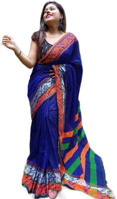 BRYNBRIT Printed Handloom Pure Cotton Saree(Dark Blue)