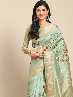 Tasrika Embroidered Assam Silk Cotton Silk Saree(Green)