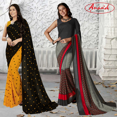 Anand Sarees Printed Daily Wear Georgette Saree(Pack of 2, Yellow, Black, Multicolor)