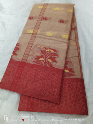 Balorampal Printed Tant Pure Cotton Saree(Red, Cream)
