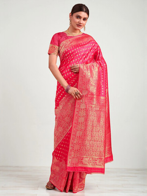fFASHION Embellished, Solid/Plain, Striped, Temple Border, Floral Print, Dyed, Woven Banarasi Art Silk, Cotton Silk Saree(Pink)