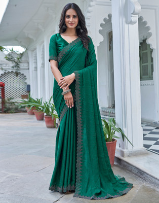 all about you Dyed, Embellished, Solid/Plain Bollywood Satin Saree(Dark Green)