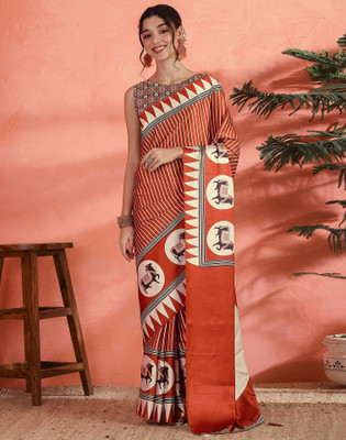 Sangria Printed Daily Wear Satin, Crepe Saree(Orange, White)