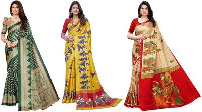 YASHIKA Printed, Woven Kalamkari Art Silk Saree(Pack of 3, Dark Green, Yellow, Beige)