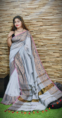 Bong ButiQ Floral Print Handloom Cotton Silk Saree(White)