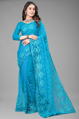meaven tex Embroidered Bollywood Net Saree(Light Blue)