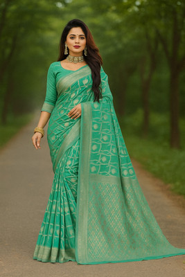Saadhvi Woven Banarasi Cotton Blend Saree(Light Blue)