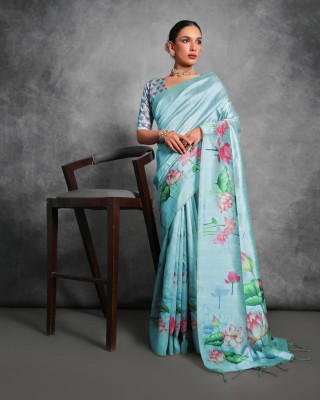 PeachPetals Floral Print, Printed Banarasi Cotton Silk Saree(Green)