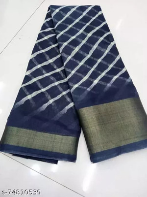 Grubstaker Printed Assam Silk Linen Saree(Dark Blue)