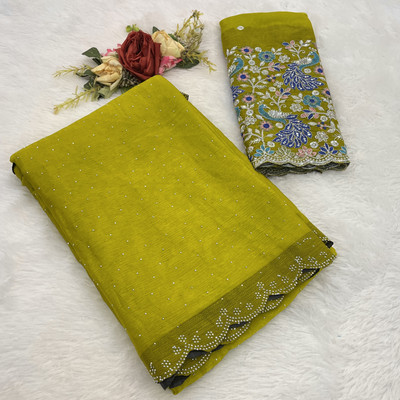 V AMAN FASHION Solid/Plain, Self Design Bollywood Chiffon Saree(Yellow)