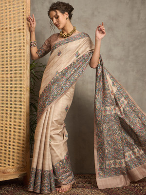 Tasrika Printed Daily Wear Silk Blend Saree(Beige)