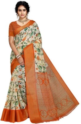 KANDORA Floral Print Chanderi Cotton Linen Saree(Orange)