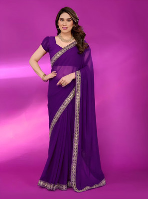 Labheshwari Solid/Plain, Embroidered Daily Wear Georgette Saree(Purple)