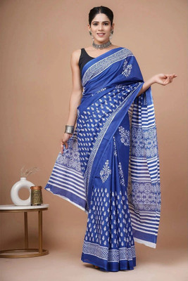 LOVWEAR Printed Ikkat Pure Cotton Saree(Blue)