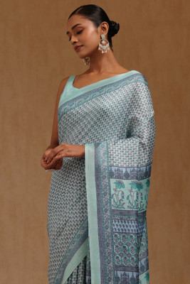 soch Floral Print Saree with Attached Blouse Art Silk Saree(Blue)