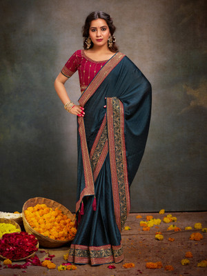 Divastri Embroidered Bollywood Satin Saree(Dark Blue)