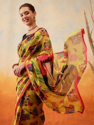 SILK ZONE Digital Print Chanderi Cotton Blend Saree(Mustard)