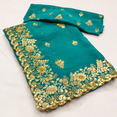 Radheradhey Embroidered, Floral Print Bollywood Georgette Saree(Light Blue)