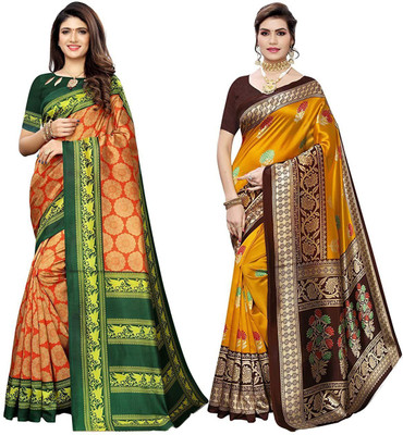 Grubstaker Printed Bollywood Art Silk Saree(Pack of 2, Multicolor)