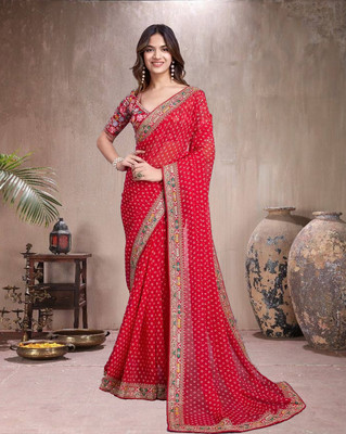 RamKrupa Creation Printed Bandhani Georgette Saree(Red)