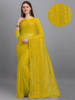 LOROFY Self Design Bollywood Net Saree(Yellow)