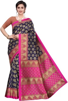 HouseOfCommon Printed Banarasi Cotton Silk Saree(Dark Blue)