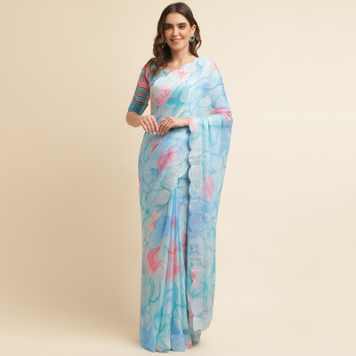 RekhaManiyar Printed Bollywood Chiffon Saree(Light Blue)