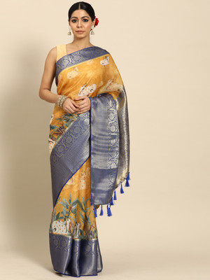 SILK ZONE Digital Print Banarasi Silk Blend Saree(Mustard, Grey)
