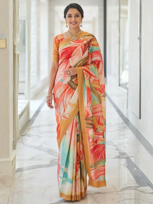 ZAMUNA Digital Print, Floral Print Daily Wear Crepe, Satin Saree(Orange)