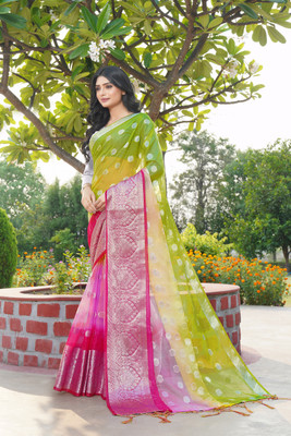 KOTHARI SBT Solid/Plain Bandhani Organza Saree(Pink)