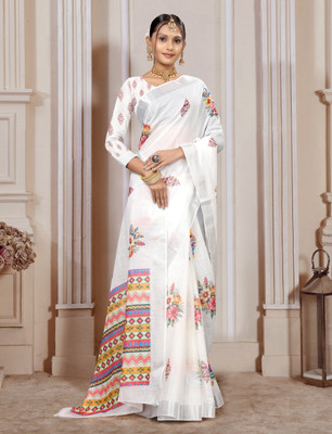 Gajal Printed, Woven Kanjivaram Pure Cotton, Cotton Linen Saree(White)