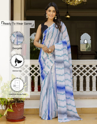 Samah Striped, Printed Bollywood Georgette Saree(White, Blue)