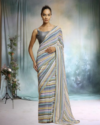 Jayu Digital Print, Embroidered, Printed, Striped Bollywood Georgette Saree(Blue)